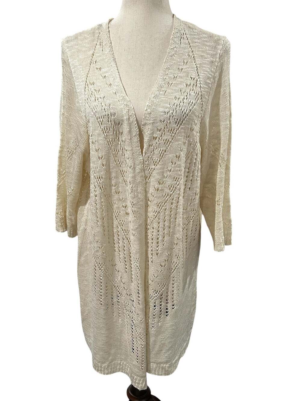CJ Banks Crocheted Oatmeal Long Sleeve Open Front Sweater Plus Size 1X EUC